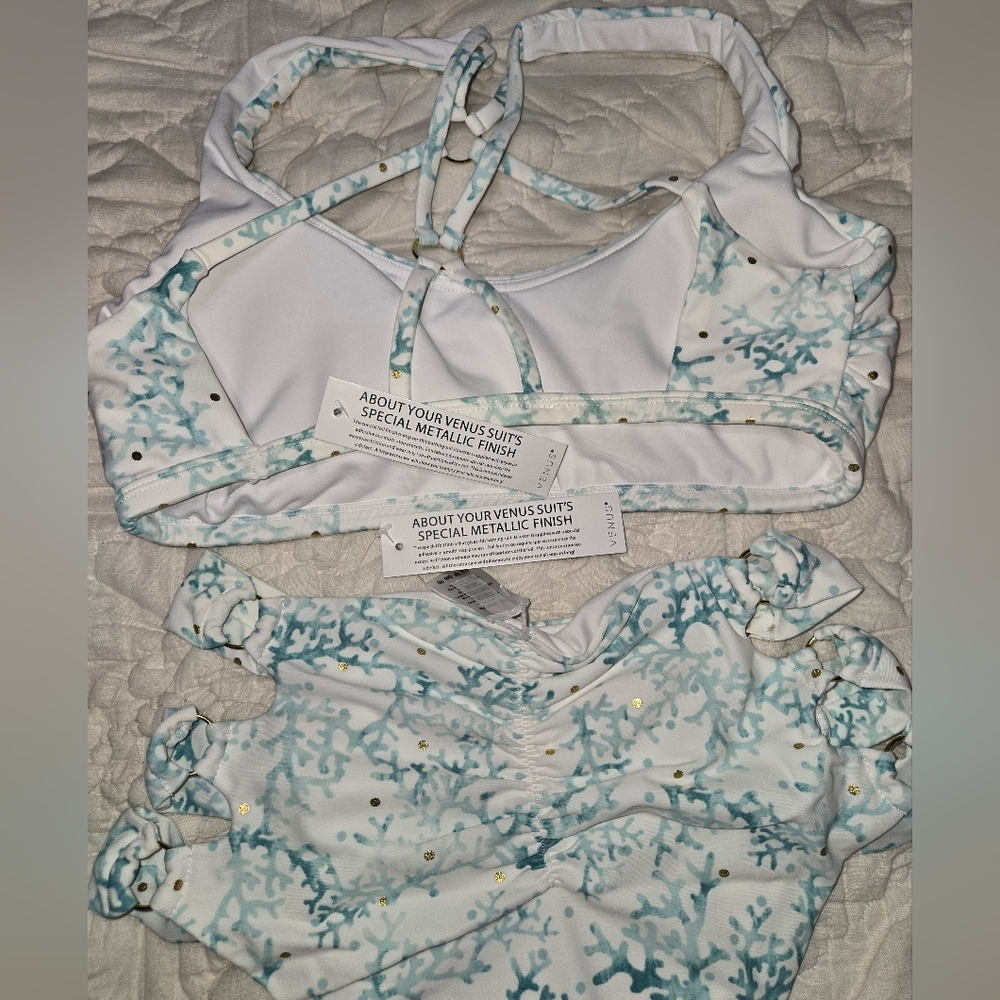 Venus swimsuit bikini white and aqua coral foil gold dots medium high-waisted - Picture 4 of 9